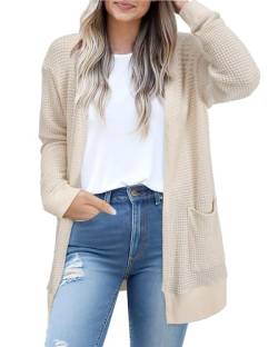 STYLEWORD 2024 Cardigan Damen Langarm Cardigan vorne offen Leichter Sommer Strickpullover mit Taschen (Apricot, XXL) von STYLEWORD