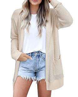 STYLEWORD 2024 Strickjacke Damen Langarm Sommer Leichtes Cardigan Open Front Strickpullover mit Taschen(Aprikose,M) von STYLEWORD