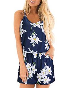 STYLEWORD Jumpsuit Damen Sommer Kurz Ärmellos Blumen Overall Spaghettiträger Strampler mit Tasche(Floral01,Mittel) von STYLEWORD