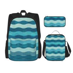 SUHNGE 3-in-1 Büchertaschen-Set, verstellbarer Schulter-Rucksack, Lunch-Tasche, Federmäppchen, Tasche, Box, Blaue Wellenstreifen, Einheitsgröße von SUHNGE