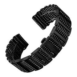 SUNMME 20/22/24 mm Silber/Schwarz Mesh Edelstahl Armband Druckknopf Versteckter Verschluss Herren Uhrenarmband Verstellbares Armband (Schwarz 24 mm) von SUNMME