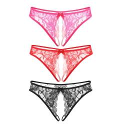 SUPKTHDY Damen Slip Spitze String Tanga Damen Panty Ouvertslip Unterhosen Mini String Tanga Offenem Schritt G-String Niedrige Taille Erotische Panty Perspektive Höschen mit Blumen Bögen 3er Packs von SUPKTHDY