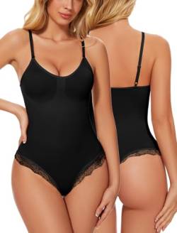 SURE YOU LIKE Shapewear Damen Bodysuit Figurformender Bauchweg Stark Formend Body Shaper Bodysuit Spitzen Shapewear String Bodysuit Miederbody Tanga Unterwäsche, Schwarz, L von SURE YOU LIKE