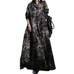 SUYUKU Damen Casual Maxikleid Langarm Winterkleider Blumenstickerei Damen Lose Kleider Übergröße, dunkelblau, S von SUYUKU