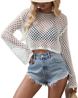 SWOAMER Damen Netzoberteil Sexy Strand Bikini Cover Up Rundhals Mesh Top Netzshirt Langarm Oktoberfest Party Oberteil Weiß L von SWOAMER