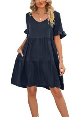 SWOAMER Damen Sommerkleid T-Shirtkleid mit Taschen Tunikakleid Knielanges Kleid A-Linie Freizeitkleid V-Ausschnitt Kleid Strandkleid Umstandskleid Frauen Casual Kleider Mini Dunkelblau L von SWOAMER