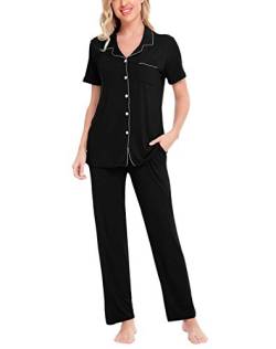 SWOMOG Damen-Pyjama-Sets, Zweiteilige Nachtwäsche, kurzärmelige Nachtwäsche, Button-Down-Pyjama-Lounge-Sets mit langen Hosen von SWOMOG