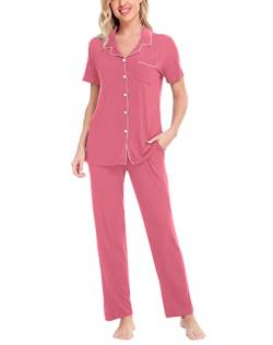 SWOMOG Damen-Pyjama-Sets, Zweiteilige Nachtwäsche, kurzärmelige Nachtwäsche, Button-Down-Pyjama-Lounge-Sets mit langen Hosen von SWOMOG