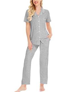 SWOMOG Damen-Pyjama-Sets, Zweiteilige Nachtwäsche, kurzärmelige Nachtwäsche, Button-Down-Pyjama-Lounge-Sets mit langen Hosen von SWOMOG