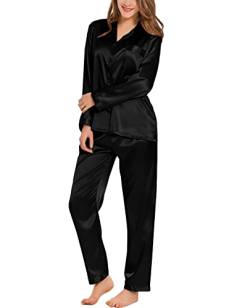 SWOMOG Damen Satin-Schlafanzug-Set Langarm Nachtwäsche Knopfleiste Loungewear 2-teiliges Pj-Set Weiche Pyjamas Schwarz M von SWOMOG