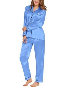 SWOMOG Satin Damen Schlafanzug mit Knopfleiste Langarm Nachtwäsche Pyjamas Set Zweiteiliger Nachtwäsche Hausanzug von SWOMOG