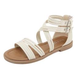 Damen Flache Sandalen Sommer Strandschuhe Geflochtene Römische Sandalen Kleid Sandalen Riemchen Freizeitsandalen Für Frauen gr.35-42 (36,Weiß) von SWZEC