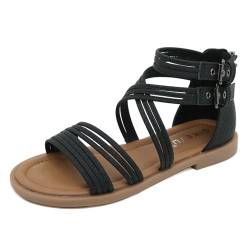 Damen Flache Sandalen Sommer Strandschuhe Geflochtene Römische Sandalen Kleid Sandalen Riemchen Freizeitsandalen Für Frauen gr.35-42 (42,Schwarz) von SWZEC