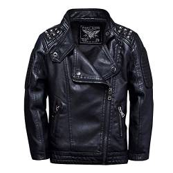 SXSHUN Jungen Flaumgefüttert Lederjacke aus Kunstleder Kinder Mädchen Motorradjacke Warm Outwear Kleidung Mantel, Schwarz-Flaumgefüttert, 152 (Etikettengröße:160) von SXSHUN