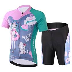 SXSHUN Kinder Jungen Radtrikot Mädchen Fahrrad Trikot Radhose mit Sitzpolster Kurzarm Radshirt Radsport Anzüge, Rosa+Grün, 146 von SXSHUN