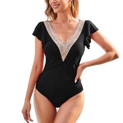 SYKT Badeanzug Damen Bauchweg Raffungen Push Up Monokinis Spitze V Ausschnitt Rückenfrei Einteilige Bademode Swimsuit von SYKT