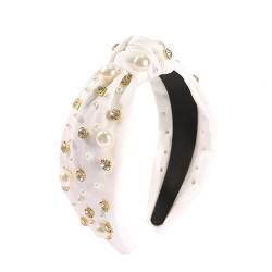 SYSUII 1 Stück Geknotetes Haarreif -Damen Breite Haarreifen Stirnband Haarschmuck Haarreifen Headwraps Zubehör Haarbänder Perlen Strass Mode Bling Haarband Kopfband für Frauen Mädchen -Weiß von SYSUII