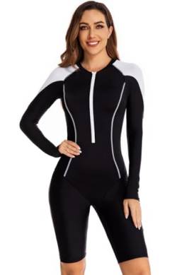 SZJIAHTM Damen Einteilige Langarm Badeanzug Rash Guard Kniehohe Sport Surfen Athletic UPF 50 Bademode mit Frontreißverschluss Boyleg Schwimmanzug L von SZJIAHTM