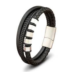 Armreif Herren Leder,Lederarmband für Herren, Mehrlagiges Geflochtenes Armband mit Magnetverschluss Aus Edelstahl, Handgewebtes Geflochtenes Manschettenarmband Aus Leder, Geschenk für Den Freund, von SZXBCLL