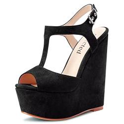 Saekcted Damen Hoher High Keilabsatz Plateau Plattform Absatz Heel Peep Open Zehenkappe Sandalen T-strap Knöchelriemen Schnalle Party Dress Cute Schuhe Schwarz 43 EU von Saekcted