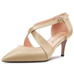 Saekcted Damen Stiletto Mittlerem Absatz Heel Spitze Zehenkappe Pumps Kreuzriemen Schnalle Hochzeit Cute 6.5 cm Heels Gold 40 EU von Saekcted