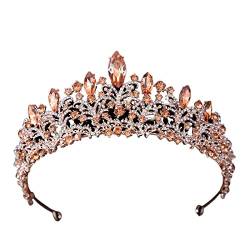 YANLITIAN Barock Goldfarbe Blau Kristall Braut-Tiaras Krone Strass Festzug Diadem Schleier Tiara Braut Stirnband Hochzeit Haarschmuck Anzug (Farbe: Roségold Pfirsich) von SafEex