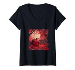 Damen Gruseliger Nachtfall: Der Sakura-Halloween-Pfad T-Shirt mit V-Ausschnitt von Sakura Lantern Shadows