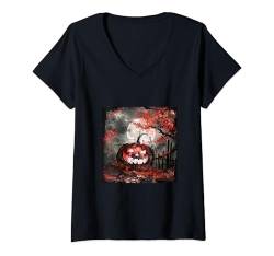 Damen Halloween-Nacht: Mondschein-Sakura-Trail T-Shirt mit V-Ausschnitt von Sakura Lantern Shadows