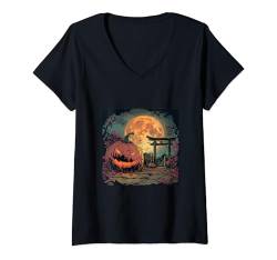 Damen Haunted Blossoms: Sakura-Halloween-Nacht T-Shirt mit V-Ausschnitt von Sakura Lantern Shadows