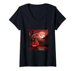 Damen Sakura Whispers: Gruseliger Halloween-Spaziergang T-Shirt mit V-Ausschnitt von Sakura Lantern Shadows