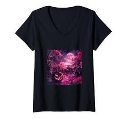 Damen Unheimliche Sakura: Mondschein-Nachtweg T-Shirt mit V-Ausschnitt von Sakura Lantern Shadows