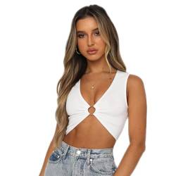 SamHeng Damen Sexy Tank Top, Solide Farbe Tiefes V Ärmellos Vest Tops V-Ausschnitt Bustier Korsett Deep V Bauchfreie Oberteile Rüschen Metall Ring T-Shirt Sommer Crop-Tops Streetwear (Weiß-L) von SamHeng