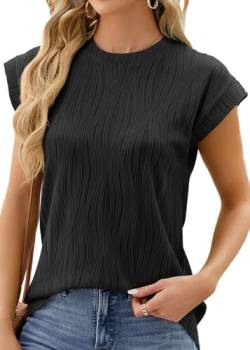 Damen T Shirt Sommer Kurzarm, Rundhals Struktur Bluse Tops Einfarbig Casual Oberteile Elegant Basic Tops für Damen (Schwarz,L) von Sangdut