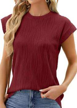 Damen T Shirt Sommer Kurzarm, Rundhals Struktur Bluse Tops Einfarbig Casual Oberteile Elegant Basic Tops für Damen (Weinrot,L) von Sangdut