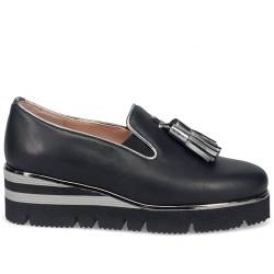 Sangiorgio Damen Slip on Schuh aus schwarzem Leder mit bequemem Keilabsatz und Quasten - 084 schwarzes Kalbsleder - Gr, Schwarz , 35 EU von Sangiorgio