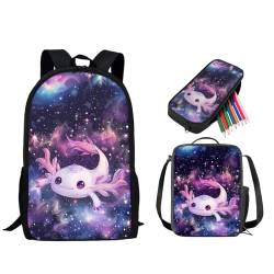 Sannovo Galaxy Axolotl 17 Zoll Mädchen Kinder Rucksack 3er Set Leichte Kinderrucksäcke für Mädchen Grundschule mit isolierter Lunchtasche Kawaii Cute Pencil Case Lila von Sannovo