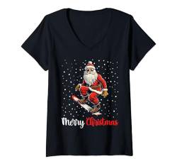 Damen Merry Christmas Snowboarder Xmas Pyjama T-Shirt mit V-Ausschnitt von Santa Hobbies Merry Christmas