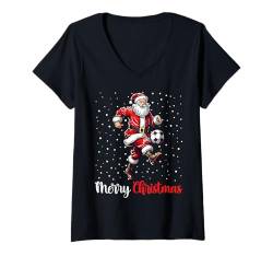 Damen Frohe Weihnachten Weihnachtsmann Fußballspieler Xmas Pyjama T-Shirt mit V-Ausschnitt von Santa Sporting Merry Christmas