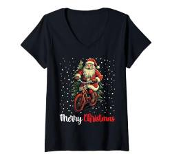 Damen Weihnachtsmann Reiten Fahrrad Radfahrer Xmas Merry Christmas Pyjama T-Shirt mit V-Ausschnitt von Santa Sporting Merry Christmas