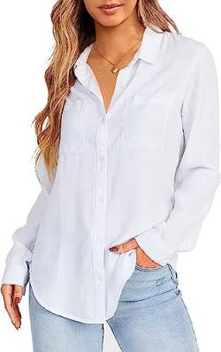 Saodimallsu Damen Bluse Langarm Hemd mit V-Ausschnitt Regular Fit Baumwolle Shirt Elegant Business Arbeit Oberteile Casual Langarmshirt Weiß S von Saodimallsu