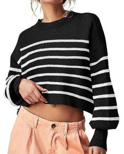 Saodimallsu Damen Gestreifte Pullover Oversized Crop Tops Rundhals Strickpullover Batwing Langarm Pulli, Schwarz, S von Saodimallsu