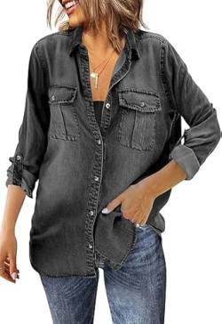 Saodimallsu Damen Jeanshemd Langarm Bluse Button Down Denim Hemden Casual Regular Fit Jeansjacke mit Brusttaschen Schwarz L von Saodimallsu