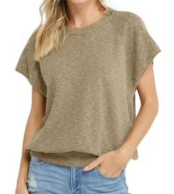 Saodimallsu Damen T-Shirt Kurzarm Strick Oberteile Sommer Rundhals Pullover Casual Lose Strick Bluse Tops Khaki, M von Saodimallsu