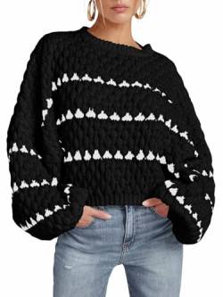 Saodimallsu Damen Oversized Pullover Strick Gestreifte Lange Puffärmel Ärmel Rundhals Herbst Trendy Strickpullover, Schwarz, L von Saodimallsu