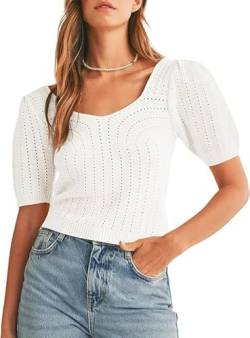 Saodimallsu Damen Pullover Kurzarm V-Ausschnitt Strickpullover Sommer Puffärmel Oberteile gehäkelte ausgehöhlte Blusen Tops Elegant Leicht Pulli Sweatshirt Weiß S von Saodimallsu