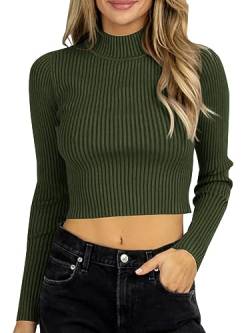 Saodimallsu Damen Pullover Langarm Rippenstrick Pullover Frauen Halb Rollkragenpullover Sexy Strickpullover Slim Fit, Olive Grün, L von Saodimallsu