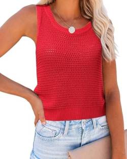 Saodimallsu Damen Strick Tank Top Sommer Ärmellose Oberteile Rundhals Bluse Häkel-Skelett Freizeit-Shirt Sexy Weste Elegant Casual Stricktop Rot L von Saodimallsu