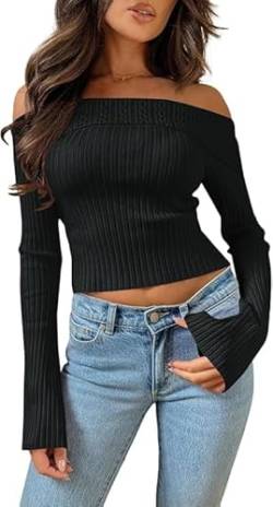 Saodimallsu Damen Strickpullover Schulterfrei Pullover Slim Fit Langarmshirt Sexy Einfarbig Pulli Casual Oberteile Tops Schwarz S von Saodimallsu