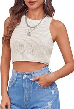 Saodimallsu Damen Tank Top Crop Neckholder Top Sommer Ärmellos Stricktop Racerback Slim Fit Shirts Rundhals Basic Weste Casual Knit Cami Top Weiß L von Saodimallsu