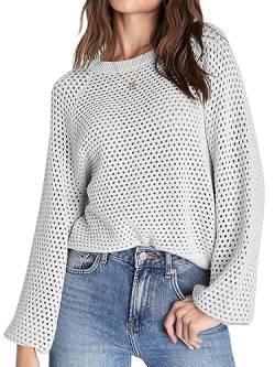 Saodimallsu Pullover Damen Rundhalsausschnitt Mesh Langarm Tops Einfarbig Elegant Jumper Sweater Grau M von Saodimallsu